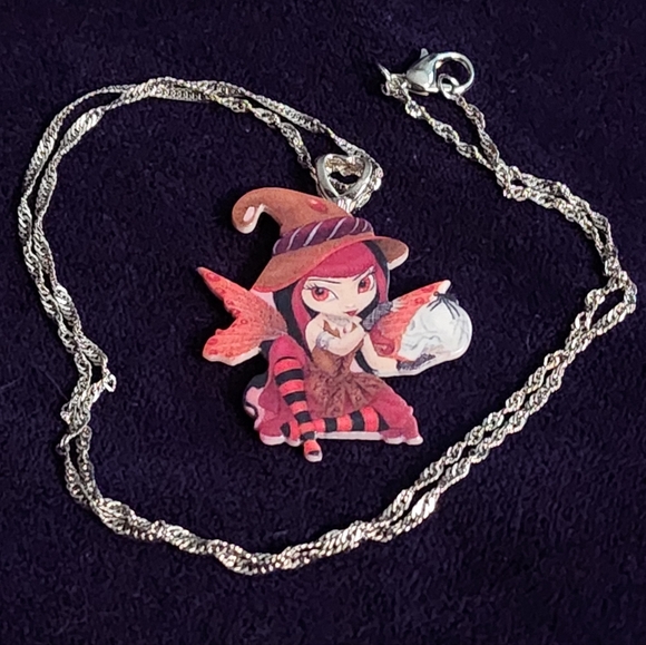 Jewelry - Brand New, Adorable, Acrylic, Red and Black, Goth Witch Fairy, Pendant Necklace